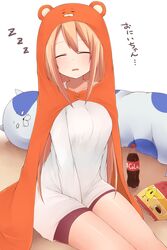  akky_(akimi1127) animal_hood between_legs blush brown_hair casual closed_eyes closed_legs doma_umaru female female hamster_costume hand_between_legs himouto!_umaru-chan hood light_brown_hair long_hair necolumbus nekoronbusu pink_shorts shorts simple_background sitting sleeping soda_bottle solo stuffed_animal stuffed_toy very_long_hair 