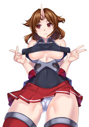  ass_visible_through_thighs azur_lane bare_shoulders breasts brown_hair clothing_cutout commentary_request expressionless female highres horns ken_ill looking_to_the_side miniskirt mogami_(azur_lane) panties pantyshot parted_bangs pleated_skirt red_eyes red_thighhighs short_hair simple_background single_horn skirt solo standing thighhighs thighs underboob underboob_cutout underwear white_background white_panties 