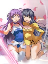  2girls agent_aika aika_(series) bad_id bad_pixiv_id blue_hair bodysuit boots breasts brown_eyes choker cleavage collarbone commentary_request covered_navel covered_nipples crossover delmogeny_uniform dirty_pair dirty_pair_flash dress energy_sword gloves golden_delmo hair_ribbon holding holding_weapon juliet_sleeves leotard long_hair long_sleeves miniskirt multiple_girls nayayaya open_mouth panties pantyshot partially_colored petals pink_ribbon puffy_sleeves purple_eyes purple_hair red_gloves ribbon rie_petoriyacowa simple_background skirt sleeveless socks standing sword thigh_boots thighhighs underwear uniform weapon white_footwear white_legwear white_panties wind wind_lift yellow_dress yuri_(dirty_pair_flash) 