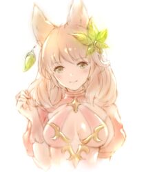  animal_ears bangs blush breasts brown_gloves brown_hair cleavage commentary_request erune eyebrows_visible_through_hair female gloves granblue_fantasy green_eyes hair_ornament highres la_coiffe_(granblue_fantasy) lala_(0915_yu) leaf_hair_ornament lips looking_at_viewer medium_breasts no_bra puffy_short_sleeves puffy_sleeves short_sleeves simple_background smile solo tagme upper_body white_background 