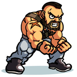  1boy alternate_costume beard chibi commentary_request cosplay facial_hair final_fight lowres male_focus mike_haggar mike_haggar_(cosplay) mohawk muscular scar solo street_fighter street_fighter_iv_(series) thick_eyebrows tonpii topless_male zangief 