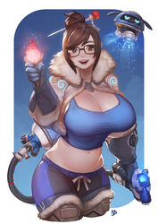  belly black-framed_eyewear breasts brown_eyes cleavage commentary english_commentary female food glasses hair_ornament hair_stick highres huge_breasts ice_cream instant_ip looking_at_viewer mei_(overwatch) midriff navel overwatch overwatch_1 photoshop_(medium) short_hair smile solo tank_top tied_hair 