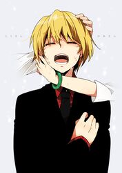  1boy bad_id bad_pixiv_id black_jacket black_necktie blonde_hair bracelet closed_eyes collared_shirt comforting crying dripping earrings family formal grey_background hair_between_eyes hand_on_another&#039;s_cheek hand_on_another&#039;s_face hand_on_another&#039;s_head hand_on_own_chest hunter_x_hunter jacket jewelry kumo_suzume kurapika kurapika&#039;s_father kurapika&#039;s_mother light_particles long_sleeves male_focus necktie open_mouth out_of_frame red_shirt shirt sleeves_past_elbows solo_focus suit teeth tongue translated upper_body 