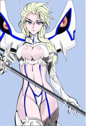  absurdres biting_own_lip blonde_hair boots braid breasts cleavage cleavage_cutout clothing_cutout collaboration cosplay elsa_(frozen) female frozen_(disney) garter_straps hair_ornament hair_over_shoulder hairclip highres junketsu kago-tan katana kill_la_kill kiryuuin_satsuki kiryuuin_satsuki_(cosplay) large_breasts long_hair muguno navel revealing_clothes revision single_braid solo suspenders sword thigh_boots thighhighs tsurime unfinished vector_trace weapon 