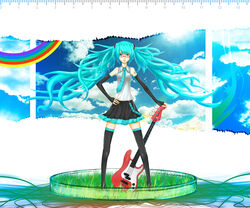  aqua_eyes aqua_hair asano_ame bass_guitar bespectacled blue_sky commentary_request elbow_gloves female fingerless_gloves glasses gloves grass hatsune_miku instrument long_hair messy_hair necktie outdoors petri_dish photoshop_(medium) pleated_skirt rainbow red-framed_eyewear semi-rimless_eyewear skirt sky tattoo thighhighs twintails under-rim_eyewear very_long_hair vocaloid zettai_ryouiki 