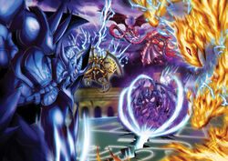  6+boys armor battle blue blue_skin blue_tongue breastplate clash claws clenched_hand clenched_hands cloud cloudy_sky dragon duel_monster electricity epic extra_mouth fangs fighting fire flying full_armor gauntlets giant glowing glowing_eyes gold gold_skin gradient gradient_background hamon_lord_of_striking_thunder helmet highres horned_helmet horns joints kraus-illustration lighting lightning male_focus monster multiple_boys no_humans obelisk_the_tormentor open_mouth osiris_the_sky_dragon pauldrons raviel_lord_of_phantasms red red_eyes red_skin sharp_teeth sky spikes tail teeth the_winged_dragon_of_ra tongue uria_lord_of_searing_flames wings yellow_eyes yellow_skin yu-gi-oh! yuu-gi-ou yuu-gi-ou_duel_monsters yuu-gi-ou_gx 