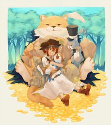  animal brown_hair cait_(octopath_traveler) commentary_request dress feline female forest gloves hat irono16 jewelry looking_at_viewer nature octopath_traveler octopath_traveler_i open_mouth short_hair simple_background sky smile tressa_colzione 