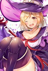  ;d alternate_costume aozora_nan black_thighhighs blonde_hair blush collarbone commentary_request djeeta_(granblue_fantasy) female gloves granblue_fantasy hat highres looking_at_viewer miniskirt one_eye_closed open_mouth purple_skirt short_hair skirt smile solo staff thighhighs thighs warlock_(granblue_fantasy) white_gloves witch_hat yellow_eyes 