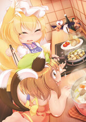  3girls alternate_costume animal_ears apron bare_arms blonde_hair bottle brown_eyes brown_hair carrot cat_ears cat_tail chen chopsticks closed_eyes commentary_request cooking cooking_pot croquette dress drooling eighth_note food food_theft fox_ears fox_tail frying_pan gap_(touhou) gloves hat hat_with_ears highres holding holding_chopsticks indoors kitchen kurumai multiple_girls multiple_tails musical_note oerba_yun_fang open_mouth potato reaching short_hair soup sparkle spoken_musical_note stove sundress sweat tail tomato touhou white_gloves yakumo_ran yakumo_yukari 