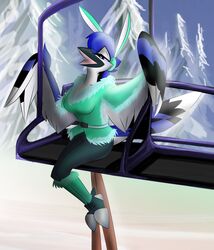  anthro avian beak bedroom_eyes bird blue_body blue_feathers corrvo eyebrows eyelashes fake_ears fake_rabbit_ears feather_6 feathered_wings feathers female half-closed_eyes hi_res lu narrowed_eyes seductive solo wings 