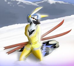  anthro avian beak bedroom_eyes bird blue_body blue_feathers clothed clothing corrvo eyebrows eyelashes fake_ears fake_rabbit_ears feather_6 feathered_wings feathers female half-closed_eyes kalli narrowed_eyes seductive snow solo white_body white_feathers wings 