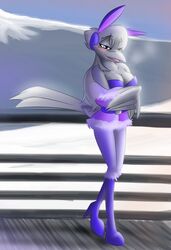  anthro avian beak bedroom_eyes bird boots breasts cleavage clothed clothing corrvo eyebrows eyelashes fake_ears fake_rabbit_ears feather_6 feathered_wings feathers female footwear half-closed_eyes hi_res high_heeled_boots high_heels narrowed_eyes non-mammal_breasts seductive snow solo verra wings 