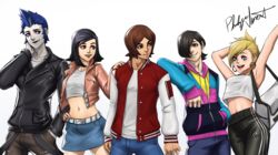  2girls 3boys amano_maya atlus black_hair blonde_hair blue_eyes blue_hair brown_eyes brown_hair digital_devil_arts kurosu_jun lisa_silverman midriff miniskirt mishina_eikichi multiple_boys multiple_girls pale_skin persona persona_2 suou_tatsuya 