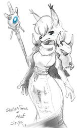  5:8 alef_(shining) anthro canid canine clothed clothing female fox j-fujita looking_at_viewer mammal monochrome sega shining_(sega) shining_force simple_background solo traditional_media_(artwork) 