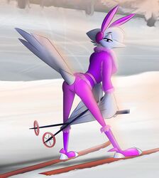  anthro avian beak bedroom_eyes bird boots clothed clothing corrvo eyebrows eyelashes fake_ears fake_rabbit_ears fala_(thelonecrow) feather_6 feathered_wings feathers female footwear hair hair_over_eye half-closed_eyes hi_res narrowed_eyes one_eye_obstructed pose seductive skiis solo white_body white_feathers wings 