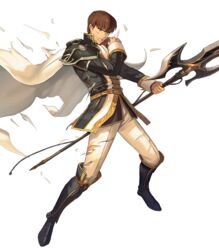  1boy aoji_(aoji-web) armored_boots belt boots brown_eyes brown_hair cape fire_emblem fire_emblem:_genealogy_of_the_holy_war fire_emblem_heroes full_body gae_bolg_(fire_emblem) highres injury male_focus official_art polearm quan_(fire_emblem) solo spear teeth torn_clothes transparent_background weapon 