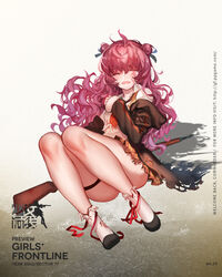  ahoge black_footwear blush character_name coat copyright_name double_bun female flats full_body girls&#039;_frontline gun hair_bun highres holster long_hair looking_at_viewer official_art one_eye_closed open_clothes open_coat open_mouth promotional_art purple_eyes purple_hair rifle shadow shoes sitting sleeves_past_wrists socks solo thigh_holster thigh_strap thighs torn_clothes watermark wavy_hair weapon web_address white_socks wz.29_(girls&#039;_frontline) zuizi 