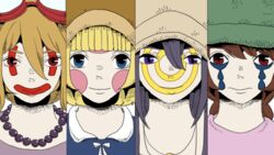  4girls ayukae beads blue_eyes blunt_bangs braid cabbie_hat casual commentary_request crossover donut_hole_(vocaloid) dress facepaint goggles goggles_on_head hat lineup looking_at_viewer lowres madotsuki multiple_crossover multiple_girls purple_eyes red_eyes smile sometsuki twin_braids ultra_violet_(game) urotsuki usotsuki vocaloid yume_2kki yume_nikki yume_nisshi 