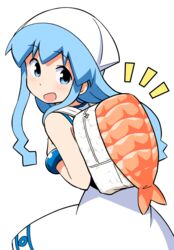  anbe_masahiro backpack bag blue_eyes blue_hair bracelet dress female food-themed_ornament hat highres ikamusume jewelry looking_back real_life_insert shinryaku!_ikamusume solo squid_girl squid_hat tentacle_hair white_background 