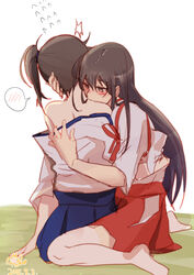  2girls akagi_(kancolle) blush brown_hair commentary_request dated flying_sweatdrops hakama hakama_short_skirt hakama_skirt hug japanese_clothes kaga_(kancolle) kantai_collection long_hair multiple_girls nibbling off_shoulder short_hair side_ponytail skirt spoken_blush thighhighs yukiyanagi_raki yuri 