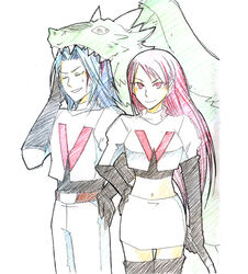  1boy bad_id bad_pixiv_id bleeding blood blue_hair cherche_(fire_emblem) clothes_writing commentary_request company_connection cosplay crop_top dragon female fire_emblem fire_emblem_awakening gloves james_(pokemon) james_(pokemon)_(cosplay) jessie_(pokemon) jessie_(pokemon)_(cosplay) long_hair midriff minerva_(fire_emblem_awakening) pokemon pokemon_(anime) red_eyes red_hair senn short_hair smile sweatdrop team_rocket thighhighs virion_(fire_emblem) 