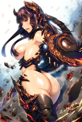  armor armored_boots ass bikini bikini_armor black_hair blunt_bangs boots breasts commentary convenient_censoring cowboy_shot dated debris dragon_print dust ecell female fiona_(mabinogi) glowing glowing_sword glowing_weapon gorget hair_censor hair_over_breasts headgear hime_cut holding holding_sword holding_weapon large_breasts light_particles long_hair looking_at_viewer looking_back mabinogi mabinogi_heroes motion_blur open_mouth photoshop_(medium) profile red_eyes revealing_clothes shiny_skin sideboob solo swimsuit sword thigh_boots thighhighs thong_bikini topless underbust weapon 