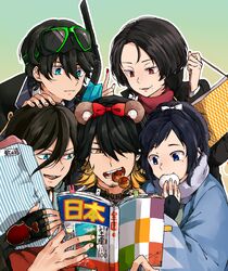  5boys animal_ears bag black_hair blonde_hair blue_eyes book commentary_request eating fake_animal_ears goggles goggles_on_head hair_over_one_eye horikawa_kunihiro izumi-no-kami_kanesada kashuu_kiyomitsu koura_higure male_focus mole mole_under_eye mole_under_mouth multicolored_hair multiple_boys nagasone_kotetsu nail_polish open_book ponytail reading red_eyes scarf snorkel touken_ranbu two-tone_hair yamato-no-kami_yasusada yellow_eyes 