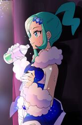  aqua_eyes aqua_hair bare_shoulders bottle creatures_(company) earrings female flat_chest game_freak idol jewelry lolicon lucia_(pokemon) midriff nintendo pokemon pokemon_(game) ponytail skirt smile sweat water_bottle 