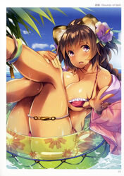  absurdres animal_ears artist_name bikini blue_sky blush bracelet breasts brown_hair cleavage cloud collarbone dark-skinned_female dark_skin day female floral_print flower hair_flower hair_ornament hibiscus highres innertube jacket jewelry large_breasts looking_at_viewer non-web_source open_clothes open_jacket open_mouth original outdoors photoshop_(medium) purple_eyes scan see-through shimakaze_(soundz_of_bell) sitting sky solo swim_ring swimsuit thigh_strap toranoana wet 