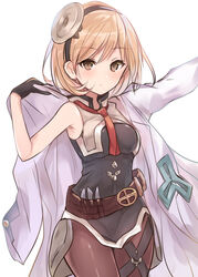  absurdres armpits bare_arms bare_shoulders belt black_dress black_gloves blonde_hair blush breasts brown_belt brown_eyes brown_pantyhose closed_mouth commentary cowboy_shot djeeta_(granblue_fantasy) doctor_(granblue_fantasy) dress female gloves granblue_fantasy hairband hand_up highres jacket lab_coat long_sleeves looking_at_viewer medium_breasts natsu_(sinker8c) necktie open_clothes outstretched_arm pantyhose red_necktie short_dress short_hair sidelocks simple_background sleeveless sleeveless_dress solo standing symbol-only_commentary white_background 