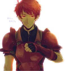  1boy armor commentary_request crying fingerless_gloves fire_emblem fire_emblem_echoes:_shadows_of_valentia gloves glowing glowing_eyes highres lukas_(fire_emblem) male_focus matumuraaaa red_armor red_eyes red_hair simple_background solo upper_body white_background 