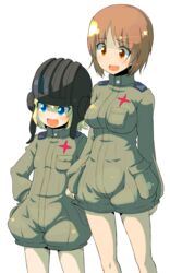  2girls blonde_hair blue_eyes blush brown_eyes brown_hair commentary_request cosplay cowboy_shot girls_und_panzer hands_on_own_hips helmet highres katyusha_(girls_und_panzer) katyusha_(girls_und_panzer)_(cosplay) long_sleeves looking_at_another military military_uniform multiple_girls nishizumi_miho oerba_yun_fang open_mouth pravda_military_uniform short_hair short_jumpsuit smile standing sw_(taco) tank_helmet uniform 