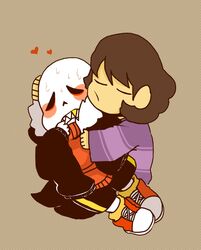  2015 alternate_universe ambiguous_gender animated_skeleton blush bodily_fluids bone clothed clothing coat digital_media_(artwork) duo footwear heart_symbol hug human jacket mamaito mammal not_furry protagonist_(underfell) sans_(underfell) shoes skeleton sweat teeth topwear undead underfell undertale undertale_(series) 