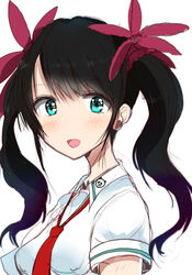  :d black_hair blue_eyes breasts collared_shirt commentary_request female hair_ornament haru_(nature_life) ling_xiaoyu long_hair looking_at_viewer looking_to_the_side medium_breasts necktie open_mouth red_necktie shirt short_sleeves sidelocks simple_background smile solo tekken tekken_7 twintails upper_body white_background white_shirt 