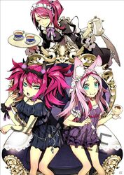  3girls 7th_dragon_(series) 7th_dragon_iii alternate_costume animal_ears apron blue_eyes blush bow bowtie bra_strap closed_eyes collar cup doughnut dress eating flower food fortuner_(7th_dragon) fox_ears frills god-hand_(7th_dragon) horns long_hair looking_at_viewer mage_(7th_dragon) maid maid_apron maid_headdress miwa_shirow multiple_girls open_mouth pink_hair ponytail pudding purple_hair ribbon sample_watermark saucer short_hair side_ponytail sitting smile spoon teacup teapot thighs throne tray twintails watermark wrist_cuffs 