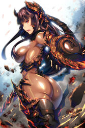  armor armored_boots ass black_hair blunt_bangs bodysuit boots breasts censored commentary cowboy_shot dated debris dragon_print dust ecell female fiona_(mabinogi) glowing glowing_sword glowing_weapon gorget hair_over_breasts headgear hime_cut holding holding_sword holding_weapon large_breasts light_particles long_hair looking_at_viewer looking_back mabinogi mabinogi_heroes motion_blur open_mouth photoshop_(medium) profile red_eyes shiny_clothes sideboob solo sword thigh_boots thighhighs underbust weapon 