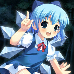  :d akiba_hideki blouse blue_bow blue_dress blue_eyes blue_hair blue_wings blush bow cirno dress female flat_chest hairbow ice ice_wings index_finger_raised looking_at_viewer neck_ribbon open_mouth puffy_short_sleeves puffy_sleeves red_ribbon ribbon round_teeth shirt short_hair short_sleeves smile solo teeth touhou upper_body white_shirt wing_collar wings 