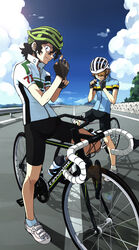  2boys aoyagi_hajime bicycle bicycle_helmet bike_shorts black_hair blonde_hair blue_sky bottle cloud commentary_request curly_hair cycling_uniform day fingerless_gloves glove_pull gloves guard_rail hair_over_one_eye helmet highres kyakya lens_flare long_hair looking_at_another looking_at_viewer multiple_boys photoshop_(medium) railing road shoes sky smile sneakers socks sportswear standing teshima_junta traffic_barrier vanishing_point water_bottle yowamushi_pedal 