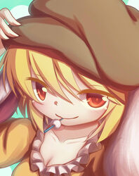  absurdres animal_ears bad_id bad_pixiv_id blonde_hair blue_background breasts cabbie_hat cleavage close-up closed_mouth commentary dango dior-zi female floppy_ears food hand_on_headwear hat highres looking_at_viewer medium_breasts mouth_hold rabbit_ears red_eyes ringo_(touhou) short_hair skewer smile solo touhou wagashi 