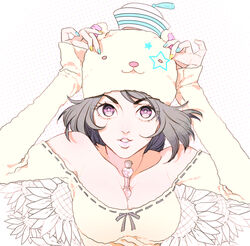  animal_hat black_hair breasts chess_piece cleavage commentary_request dixie_cup_hat female ginmu hat hat_over_hat higashikata_daiya jojo_no_kimyou_na_bouken jojolion medium_breasts military_hat nail_polish photoshop_(medium) pink_eyes short_hair solo 