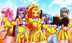  5girls adagio_dazzle agent_aika angel_beats! aria_blaze blue_hair brown_eyes character_request cleavage cleavage_cutout closed_mouth cosplay crossover delmo demon_tail dress fairy_tail golden_delmo jadenkaiba long_hair looking_away multiple_girls outdoors pink_eyes pink_hair sky sonata_dusk tail wendy_marvell yui_(angel_beats!) 