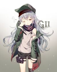  absurdres azit_(down) bare_shoulders black_shorts blue_eyes character_name clothing_cutout commentary_request female g11_(girls&#039;_frontline) girls&#039;_frontline gradient_background green_hat green_jacket hat highres jacket long_hair long_sleeves looking_at_viewer off_shoulder one_eye_closed open_clothes open_jacket shirt short_shorts shorts shoulder_cutout sleepy solo standing t-shirt white_hair white_shirt yebisu 