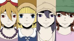  4girls ayukae beads blue_eyes blunt_bangs braid cabbie_hat casual commentary_request crossover donut_hole_(vocaloid) dress goggles goggles_on_head hat lineup looking_at_viewer lowres madotsuki multiple_crossover multiple_girls purple_eyes red_eyes smile sometsuki twin_braids ultra_violet_(game) urotsuki usotsuki vocaloid yume_2kki yume_nikki yume_nisshi 