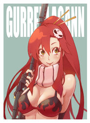  achako_(badendo) bikini bikini_top_only blush breasts cleavage commentary_request copyright_name female fingerless_gloves gloves gun hair_ornament highres large_breasts long_hair photoshop_(medium) ponytail red_hair rifle scarf smile solo swimsuit tengen_toppa_gurren_lagann weapon yellow_eyes yoko_littner 