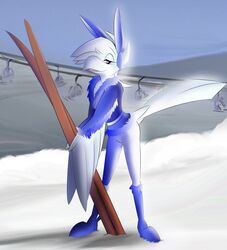  anthro avian beak bedroom_eyes bird boots breezy_(lotp) clothed clothing corrvo eyebrows eyelashes fake_ears fake_rabbit_ears feather_6 feathered_wings feathers female footwear half-closed_eyes hi_res narrowed_eyes seductive snow solo white_body white_feathers white_fire_(character) wings 