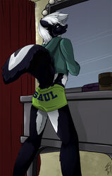  2009 anthro big_tail biped black_body black_fur black_nose black_tail bottomwear boxers_(clothing) clothed clothing curtains detailed_background digital_media_(artwork) fur green_bottomwear green_clothing green_eyes green_room green_underwear grey_clothing grey_topwear hair hoodie horse_feather inside long_tail looking_back male mammal mephitid mirror multicolored_body multicolored_fur multicolored_tail open_mouth portrait rear_view saul_(stripes) short_hair signature skunk solo standing tail three-quarter_portrait topwear two_tone_body two_tone_fur two_tone_tail underwear vanity_mirror white_body white_fur white_hair white_tail 