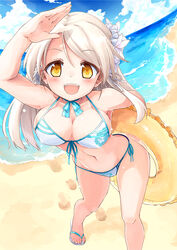  beach bikini blush breasts cleavage cloud commentary_request day female fisheye front-tie_top happy innertube large_breasts long_hair looking_at_viewer md5_mismatch naka_akira navel ocean open_mouth original outdoors photoshop_(medium) sandals side-tie_bikini_bottom sky smile solo swim_ring swimsuit water white_hair yellow_eyes 