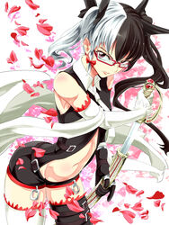  asymmetrical_clothes asymmetrical_hair asymmetrical_legwear black_gloves black_hair bow commentary_request cutlass elbow_gloves female glasses gloves hairbow hayashi_ekyuu highres jewelry long_hair looking_at_viewer multicolored_hair navel necktie original petals red_eyes rose_petals sheath solo split-color_hair sword thighhighs twintails two-tone_hair uneven_legwear uneven_twintails unsheathing weapon white_gloves white_hair 