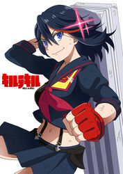  black_hair blue_eyes breasts commentary_request dirt female fingerless_gloves gloves kill_la_kill matoi_ryuuko medium_breasts midriff multicolored_hair school_uniform senketsu serafuku seven_(11) short_hair skirt solo sparkle suspenders sweat two-tone_hair 