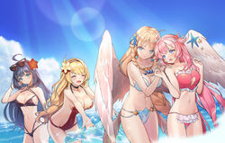  4girls :d :o ^_^ ahoge artemia_(king&#039;s_raid) aselica_(king&#039;s_raid) bikini black_bikini black_hair blonde_hair blue_bikini blue_eyes braid braided_ponytail breasts chibi_vanille choker cleavage closed_eyes clothing_cutout cloud commentary_request earrings eyewear_on_head flower frills groin hair_flower hair_ornament hairband hand_on_another&#039;s_shoulder heart heart_cutout heart_earrings heart_hair_ornament hibiscus highres jewelry king&#039;s_raid large_breasts light_rays long_hair mirianne_(king&#039;s_raid) multiple_girls navel necklace ocean one-piece_swimsuit open_mouth outdoors photoshop_(medium) pink_hair red_one-piece_swimsuit shea side_braid sky smile splashing star_(symbol) starfish_hair_ornament sunbeam sunglasses sunlight swimsuit tri_braids two_side_up very_long_hair wading water 